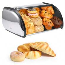 Stainless Steel Roll Top Lid Bread Bin Loaf Box Kitchen Food Storage Silver - Silver - View 5