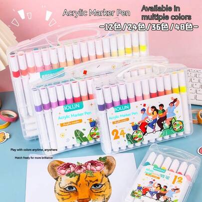 1pc Creative Acrylic Marker Pen Set, 12 Colors Waterproof Acrylic Paint Markers For Student DIY Hand Painting