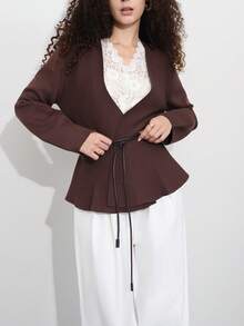 Áo len cardigan cổ chữ V tay dài có thắt lưng màu nâu - màu nâu - Xem 4