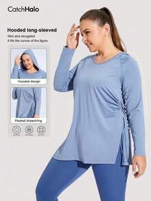 Plus Size Women Hooded Sweatshirt, Long Sleeve, Ruched Waist Design, Side Slit, Soft & Comfortable Loose Fit, Suitable For Fitness & Yoga Sports - Dusty Blue - View 4