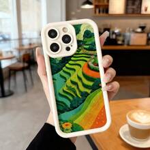 Cubierta de teléfono con borde negro diseño de campos en terrazas verdes y naranjas para uso diario en cafeterías y espacios interiores Aplicable a los teléfonos de la serie Apple y Galaxy - Blanco - Ver 2