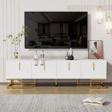 TV Cabinet, Lowboard With Textured Door, TV Furniture, Gold Handles And Gold Feet. - White - View 2