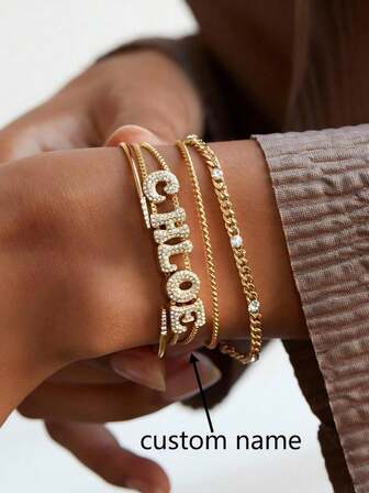 1 Piece Customize Name Fat Bubble Slide Initial Letters Bracelet With Full Zirconia Charm, For Women Daily Wear ,For Mother's Day Anniversary Gifts