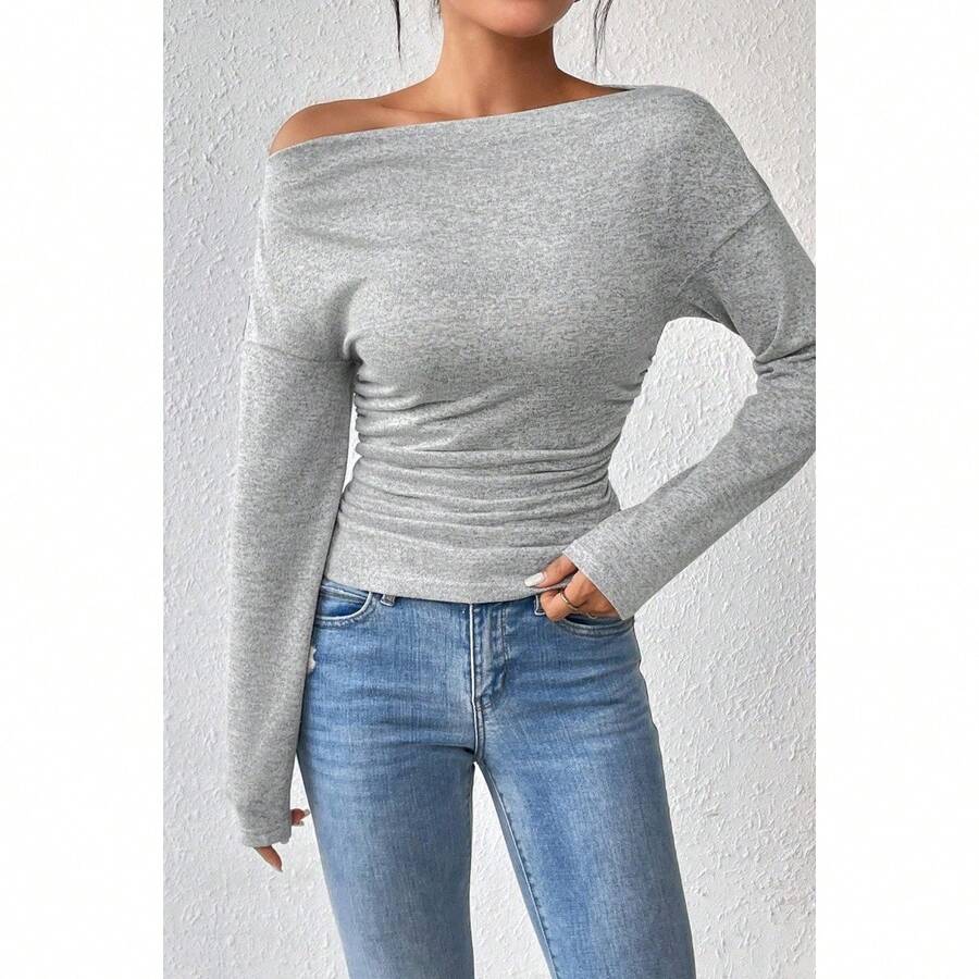 Women's Plain Minimalist Basic Ruched Asymmetrical Neck Drop Shoulder Tee, Elegance Mufti Clothes, Fall Long Sleeve T-Shirt For Everyday, Back To School T Shirts, Lady Clothes For Streetwear, Womenswear, Casual Wear - 銀色 - 查看 1