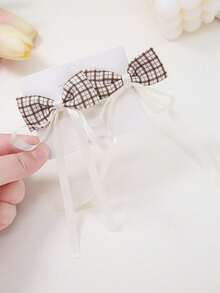 9pcs Khaki Plaid Ribbon Bow Hair Clips, Fluffy Edged Cute Versatile Hair Accessories, Minimalist Design Won't Damage Hair, Suitable For Daily Use - Multicolor - View 3