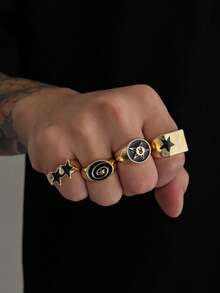 4件套时尚朋克风螺旋星形戒指套装，男士日常休闲佩戴 - 古銀 - 查看 7