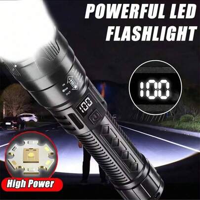1个可充电LED手电筒，超亮便携式高功率手电筒，带可调节变焦，适合露营
