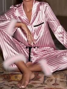 Satin Silk Pajama Set For Women Fall 2 Piece Striped Lounge Set Fuzzy Trim Long Sleeve Button Up T Shirt With Drawstring Elastic Waist Wide Leg Pants Matching Sleepwear Loungewear Set - 粉色 - 查看 4