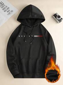 Sudadera con capucha de estampado de Boston de talla grande para hombre Krometka, sudadera holgada con bolsillo canguro, opción cómoda de ropa deportiva para otoño/invierno - Negro - Ver 5