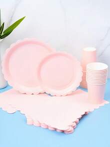 1 Set Of Light Pink Petal Shaped Disposable Plates, Napkins And Cups, Serves 8 Guests, Suitable For Birthday, Wedding, Party, Family Picnic - Multicolor - View 3