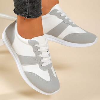 New Round Toe Lace-Up Color Block Versatile Fashion Casual Outdoor Sneakers For Women, Suitable For Sports, Leisure And Home Wear