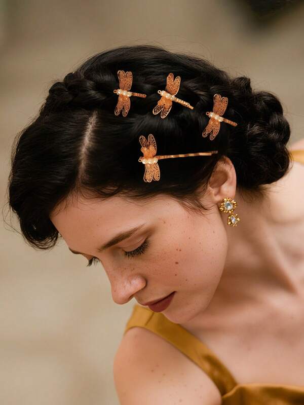 5pcs/Set Dragonfly Hair Clip Gold Decorative Bobby Pins For Prom Birthday Party Wedding Retro Hair Styling Pins Accessories For Women Bride French Hairpins