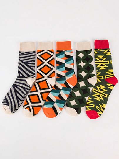5 Paar geometrisches Muster Knöchelsocken, neue Herbst/Winter Lässig Herren Socken, Street Skateboard Socken, bunte fröhliche Herren Socken
