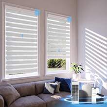 Cordless Zebra Roller Shade, Solar-Powered Charging Curtain, Paired With A Cover, Double-Layered Window Decoration, Suitable For Day And Night Use, Featuring A Light Filtering Function, Equipped With Mesh And Translucent Fabric. - 白色 - 查看 35