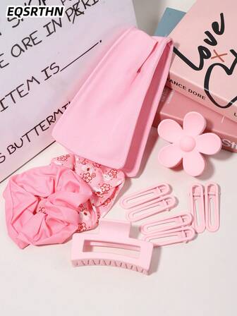 11件套粉色发饰套装，包括花朵发夹、方形发爪、方形鸭嘴夹、卷发圈、甜美时尚头饰、慵懒丸子头扭夹、ins风发饰，日常约会必备，马尾辫发圈