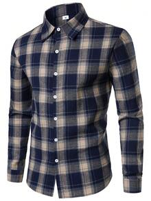 男式格子法兰绒休闲纽扣长袖衬衫 - 藏蓝色 - 查看 1