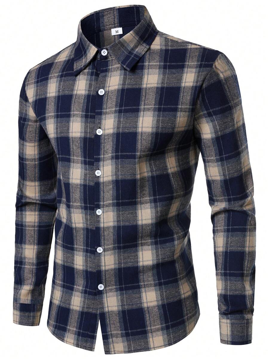 男式格子法兰绒休闲纽扣长袖衬衫 - 藏蓝色 - 查看 1