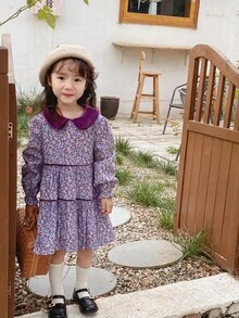Girls' Autumn Floral Velvet Collar Long Sleeve Casual Flowy Wide Hem Floral Cotton Dress - Lilac Purple - View 3