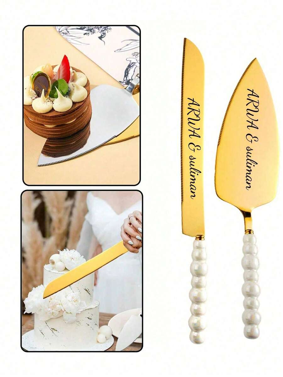 Custom Stainless Steel Cake Knife, Ceramic Pearl Handle Cake Cutter Set, Stainless Steel Round Blade, Chopping Shovel, Anniversary Christmas Gift 2 Pieces Set, Suitable For Weddings, Birthdays, Anniversaries, Graduations, Bachelorette Parties, Wedding Souvenirs - Multicolor - View 1