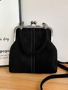 1 件复古仿皮斜挎包，女士复古风吻锁迷你手提包，配有可调节肩带，纯色轻便都市手提包，涤纶衬里，男女通用 - 黑色 - 查看 7