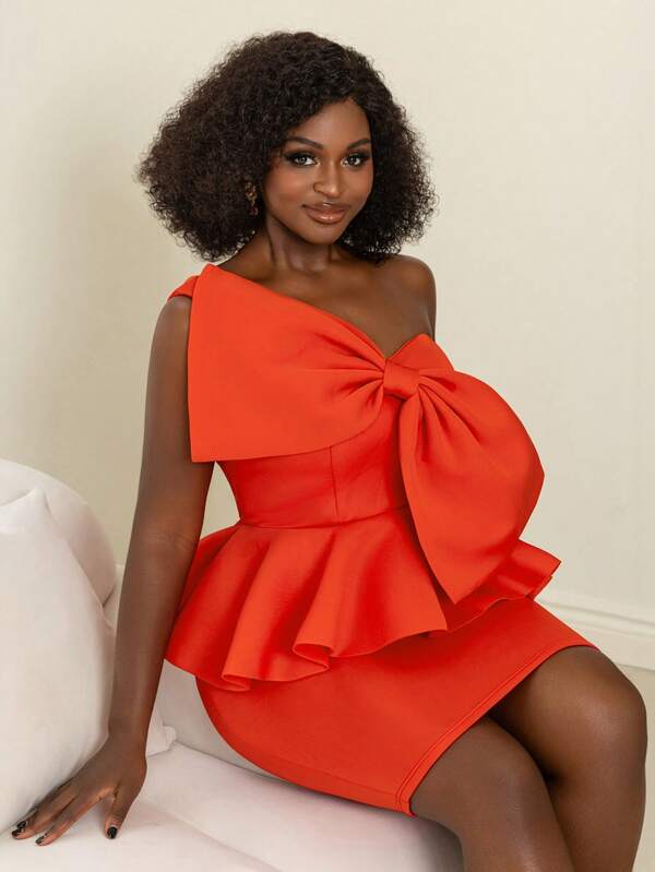 Faeriesty Chic Plus Midi One-Shoulder Party Dress With Oversized Bow & Ruffled Hem – Fitted Skirt For Elegance | Perfect For Weddings, Galas, Date Nights, & Luxe Evening Gatherings