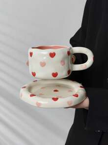 1set Ins Style Heart & Flower Ceramic Coffee Cup & Saucer Set, Breakfast Milk Cup, Home/Office Afternoon Tea/Latte/Juice Drinking Cup, Couple Gift, Holiday Gift