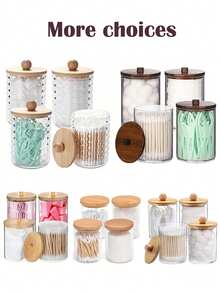 4件套棉签收纳盒，浴室收纳架，10/7盎司棉球/棉签分配器，带竹盖的药剂师罐，方便整理和存放 - 彩色 - 查看 2