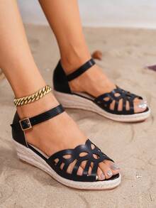 女士黑色皮革镂空透气休闲度假编织草绳坡跟凉鞋 - 黑色 - 查看 7