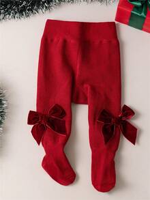 冬季女宝宝加厚圣诞连裤袜柔软条纹大蝴蝶结儿童保暖连裤袜打底裤儿童新年礼物公主女孩加厚紧身裤适合0-6岁 - 彩色 - 查看 3