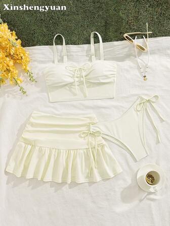 3pcs/Set Christmas,New Year's,Thanksgiving,Valentine's Day Costumes,Sexy Elegant Slimming Solid Color,Wave Hem,Lotus Leaf Hem Pleated Short Skirt,Vacation Beach And Swimming Pool,Detachable Swimwear Pad,Adjustable Shoulder Straps,Casual Outing Seaside Beach Party Luxury Bikini Set