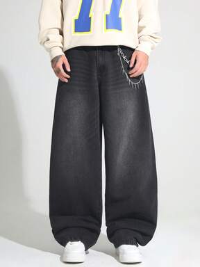 1 قطعة جينز واسع الساق مرتخي بتأثير مغسول قديم، طراز كاجوال ومتعدد الاستخدامات للجنسين (مع حافة مبهتة)