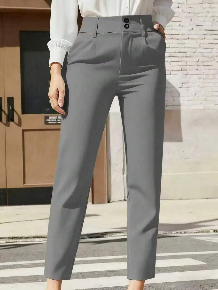 High Waist Double Button Design Slim Fit Pants Spring - Grey - View 1