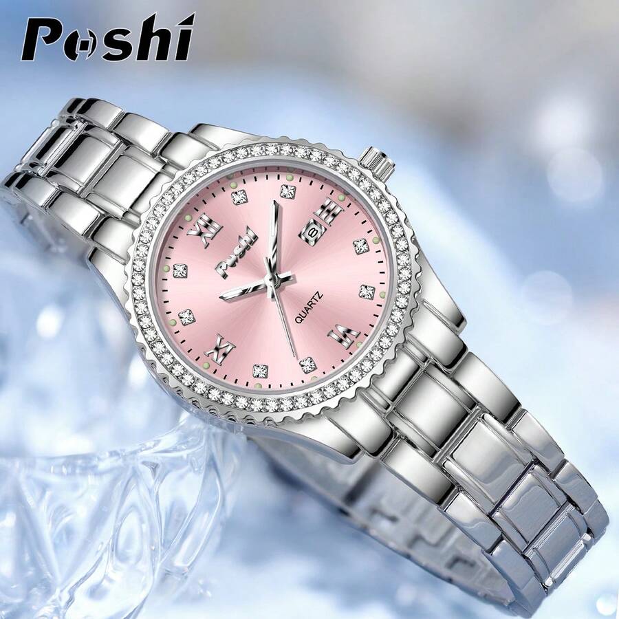 1pc Luxury Quartz Watch For Women, Fashionable & Elegant Crystal Decorated Ladies Watch With Date Function