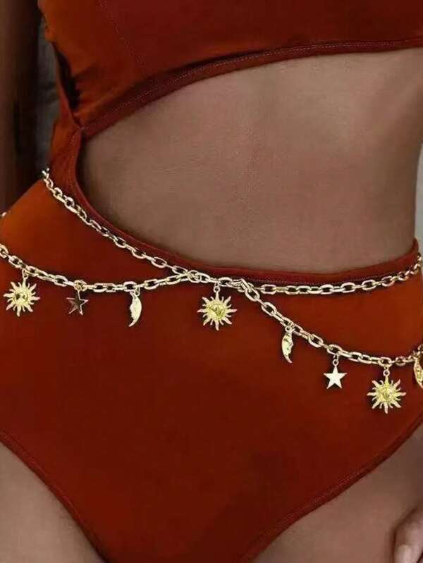 1 قطعة سلسلة جسم بطراز غربي رجعي أنيق للنساء، سلسلة خصر من الألومنيوم بشكل قرص عباد الشمس، مناسبة لجميع المواسم