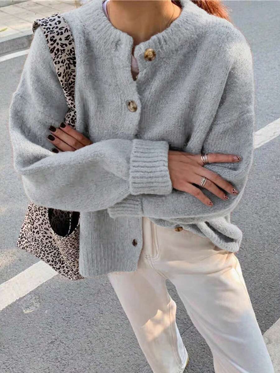 Áo khoác cardigan dệt kim dáng rộng phong cách vintage EAVA dành cho nữ, thích hợp cho mùa thu/đông, đa năng cho công sở, thời trang đường phố, phong cách retro sang trọng. - Xám - Xem 1