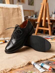 1 Pair TMA EYES Women's Brogue Leather Oxfords, Vintage Wingtip Detail & Classic Lace-Up For Formal And Casual Styles - 黑色 - 查看 1