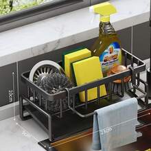 Kitchen Sink Sponge Holder, Self-Draining Sink Caddy, Dishwashing Sponge Storage Box With Detachable Dish, Soap Dispenser Brush Holder, Suitable For Bathroom, Black With Handle,