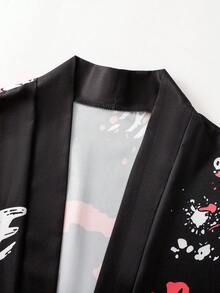 Men's Street Style Graffiti Letter Print Open Front Kimono Long Sleeve Casual Shirt, Machine Washable Polyester Fabric