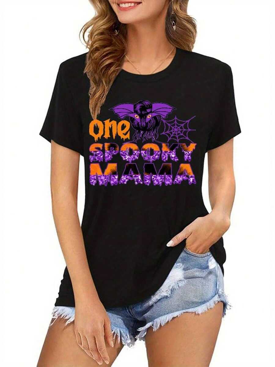 Camiseta Gótica de Mujer con Brillo y Diseño de Murciélagos & Telarañas - Texto "One Spooky Mama" en Letras Moradas y Naranjas, Cuello Redondo Suave Transpirable Ajuste Relajado para Disfraces de Halloween, Fiestas Temáticas e Invierno Espeluznante – Camiseta Divertida Y Terrorífica Con Estampados De Bats And Web Of Arachnea, Lavar a Mano o Secar Limpio, Ropa Casual Para Eventos Especiale