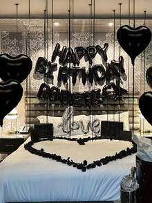 38件/套 16英寸黑色生日快乐字母铝箔气球，生日派对装饰套装，包含黑色生日快乐横幅、乳胶气球、心形铝箔气球和连体爱心气球，适合黑色主题生日派对用品，男女皆宜的生日庆祝装饰，生日快乐英文字母组合，派对场景装饰 - 彩色 - 查看 4