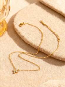 VceTd 1pc Minimalist Fashionable Sweet Clover Shaped Glass Inlaid Stainless Steel Pendant Necklace, Delicate Choker Necklace Suitable For Women's Daily Wear, Commute, Wedding, Party, Ideal Gift For Women