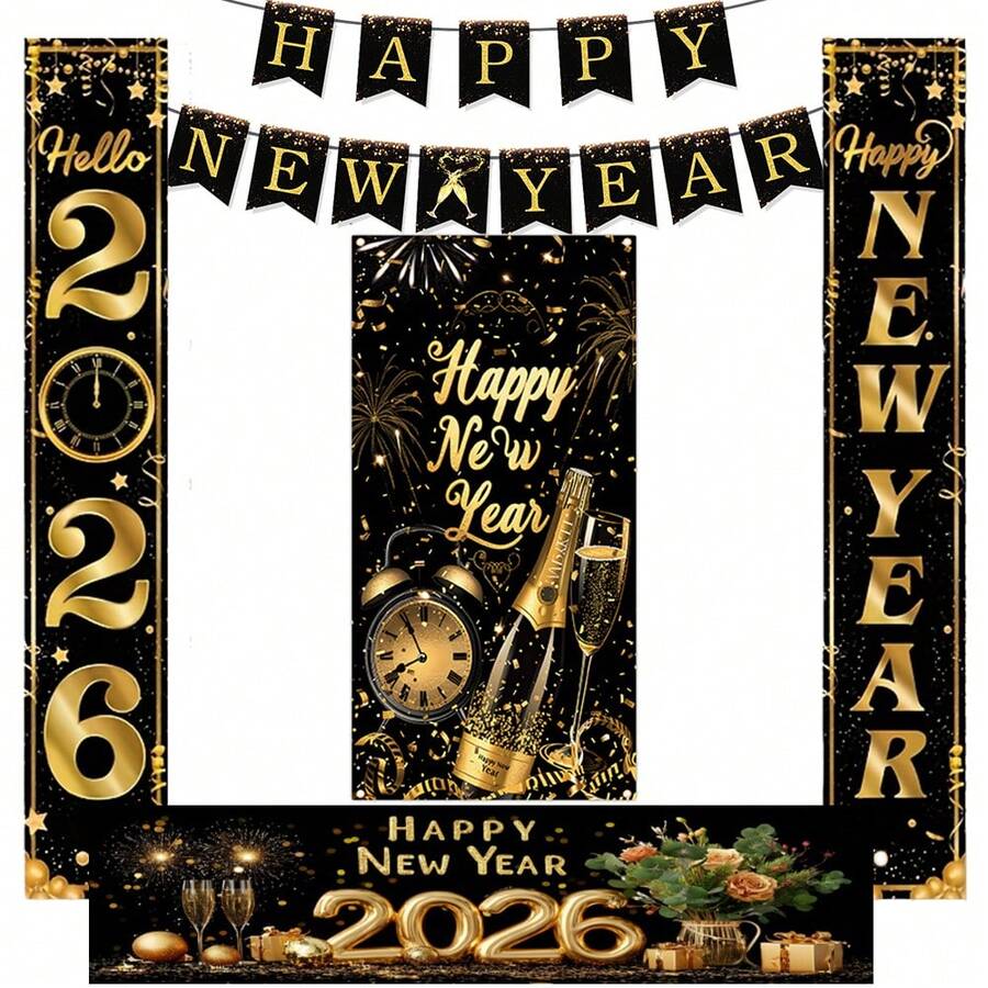 2026 New Year's Eve Party Decoration Set Background Cloth - "Happy New Year" Banner Door Curtain Installation - Home Decoration, Wedding Birthday Party Decoration - Easy To Hang Polyester Fiber Background Cloth, Suitable For Family New Year's Eve Celebration And New Year Holiday Design, Your Perfect Choice - Multicolor - View 1
