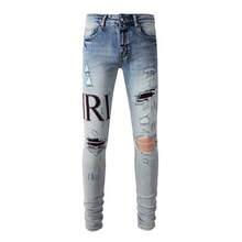 Men's Ripped Straight Leg Faded  Denim Jeans - Màu xanh lam - Xem 2