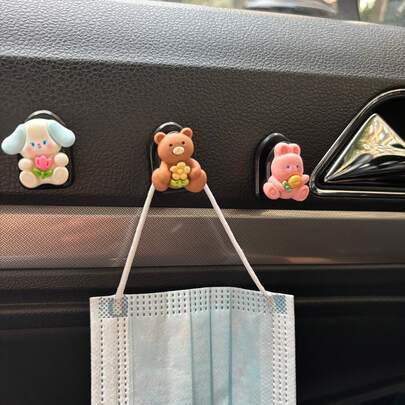  4pcs/Set Cute Animal Car Mini Hooks, Colorful Cartoon Animal Car Adhesive Hooks, Girlish Car Interior Storage Organizer For Accessories, Cables, Masks, Etc.