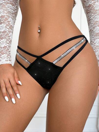 1pc Women's Thong Panty, Front Center Metallic Ribbon Decor, 2x2 Dotted Soft Fabric, Suitable For Party, Ladies Underwear