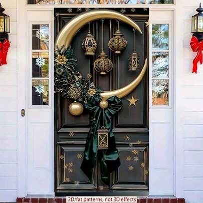 2D Flat Door Banner 1pc Elegant Eid Mubarak Background Polyester Banner Elegant Moon - Shaped Door Decoration With Lanterns And Festive Greenery Perfect For Ramadan And Eid Celebrations, Muslim Party Decorations, Ramadan Decorations