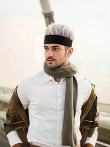 1pc Men's Personalized Knit Hat With Fake Hair, Novelty Men's Wig Hat, Fashionable Brimless Hat, Men's Party Costume Accessory, Sports Short Hair Prank Wig Hat, With Gray Fluffy Wig, Black And White Headband, Fun Party Accessory, Includes Straight Hair, Soft Texture