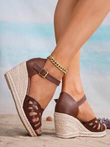 Sandalias de plataforma y cuña de estilo casual y cómodo de vacaciones, con trenzado de cuerda de paja, para mujer en color marrón - Marrón - Ver 8