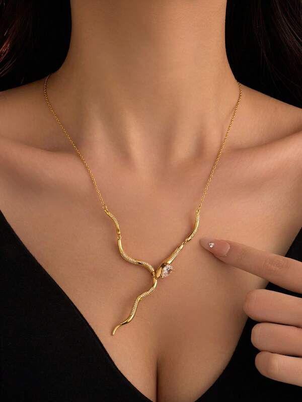 1 Piece 14K Gold Snake Necklace For Women,Punk Cubic Zirconia Snake Y Chain Necklace Luxury Jewelry Gift For Wedding/Anniversary/Mother's Day/Valentin's Day/Christmas Day/Thanksgiving Day