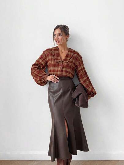 Vintage Plaid Puff Sleeve Blouse For Women, Retro Collared Shirt With Soft Fabric, Ideal For Fall Casual & Chic Daily Looks